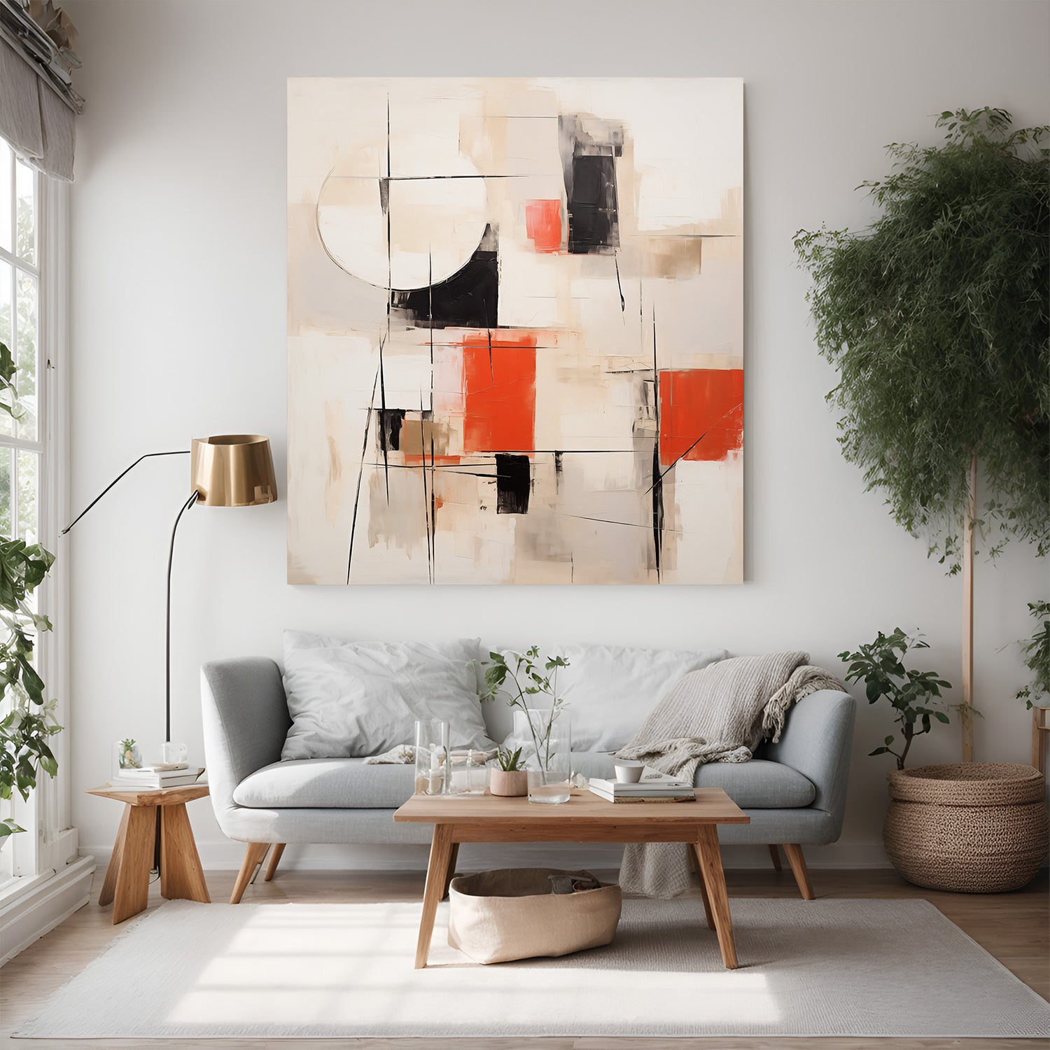 Abstract canvas art with soft light tones featuring random shapes and line accents for modern interiors