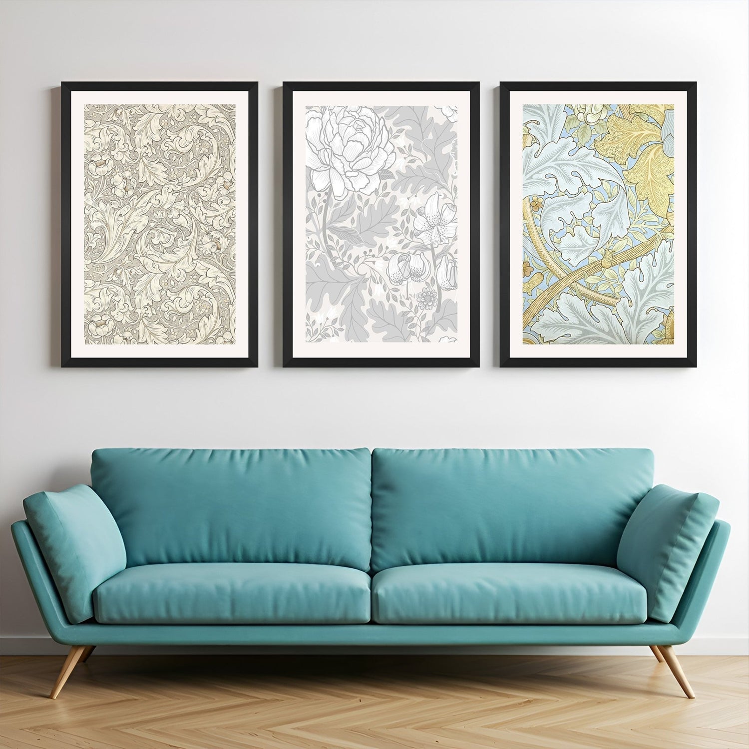 Canvas wall art trio featuring delicate flowers and leaves in light tones – ideal for minimalist and Scandinavian interiors