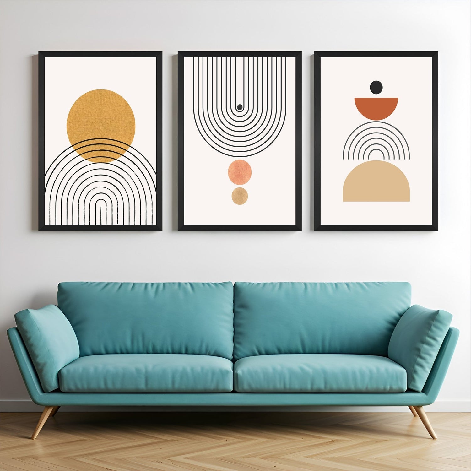Boho canvas trio featuring minimalist linear designs with softly colored circles – ideal wall art for serene, neutral-toned home decor