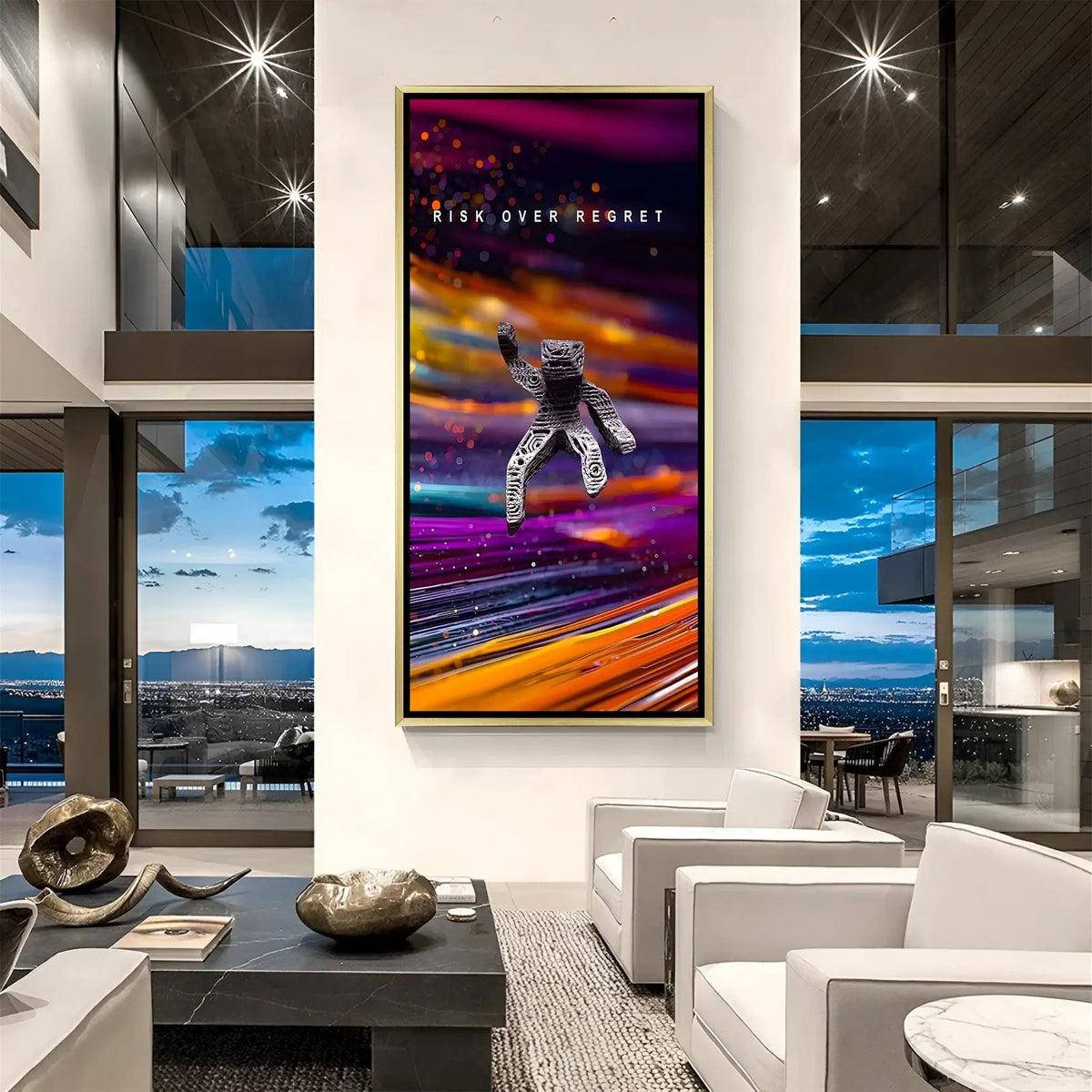Luxury Risk Over Regret space canvas artwork in golden floater frame with celestial motivational theme