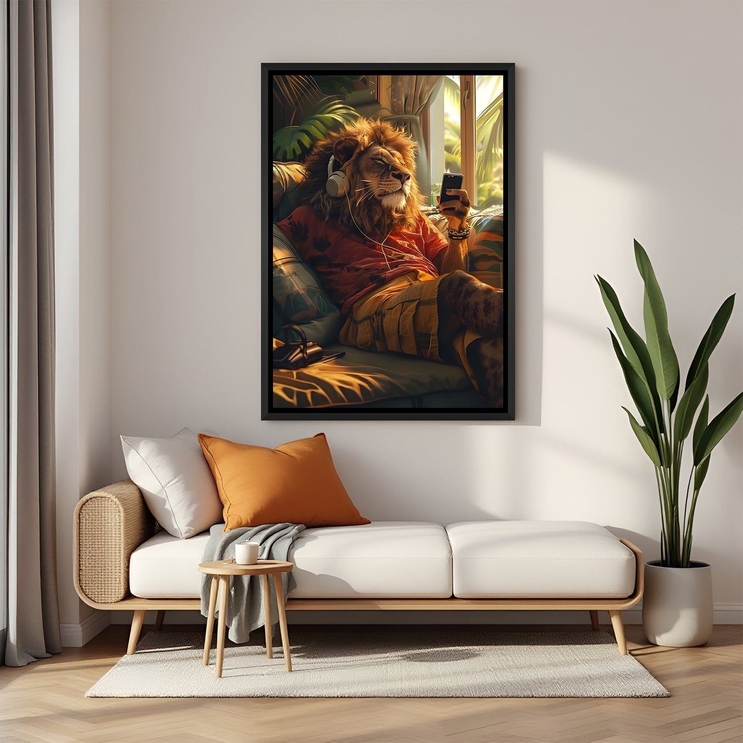 Lion wearing headphones wall art in elegant black floater frame for gaming and entertainment rooms
