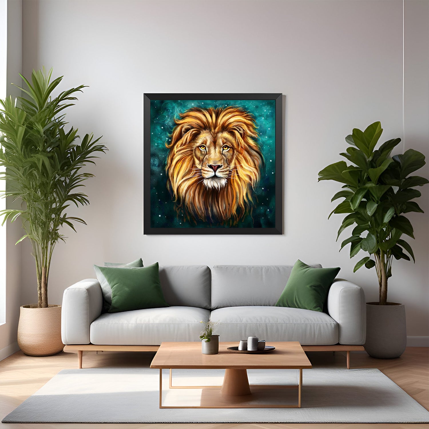 Lion face painting with magical background and black floater frame, ideal for bold and creative interiors that seek mystery and visual impact