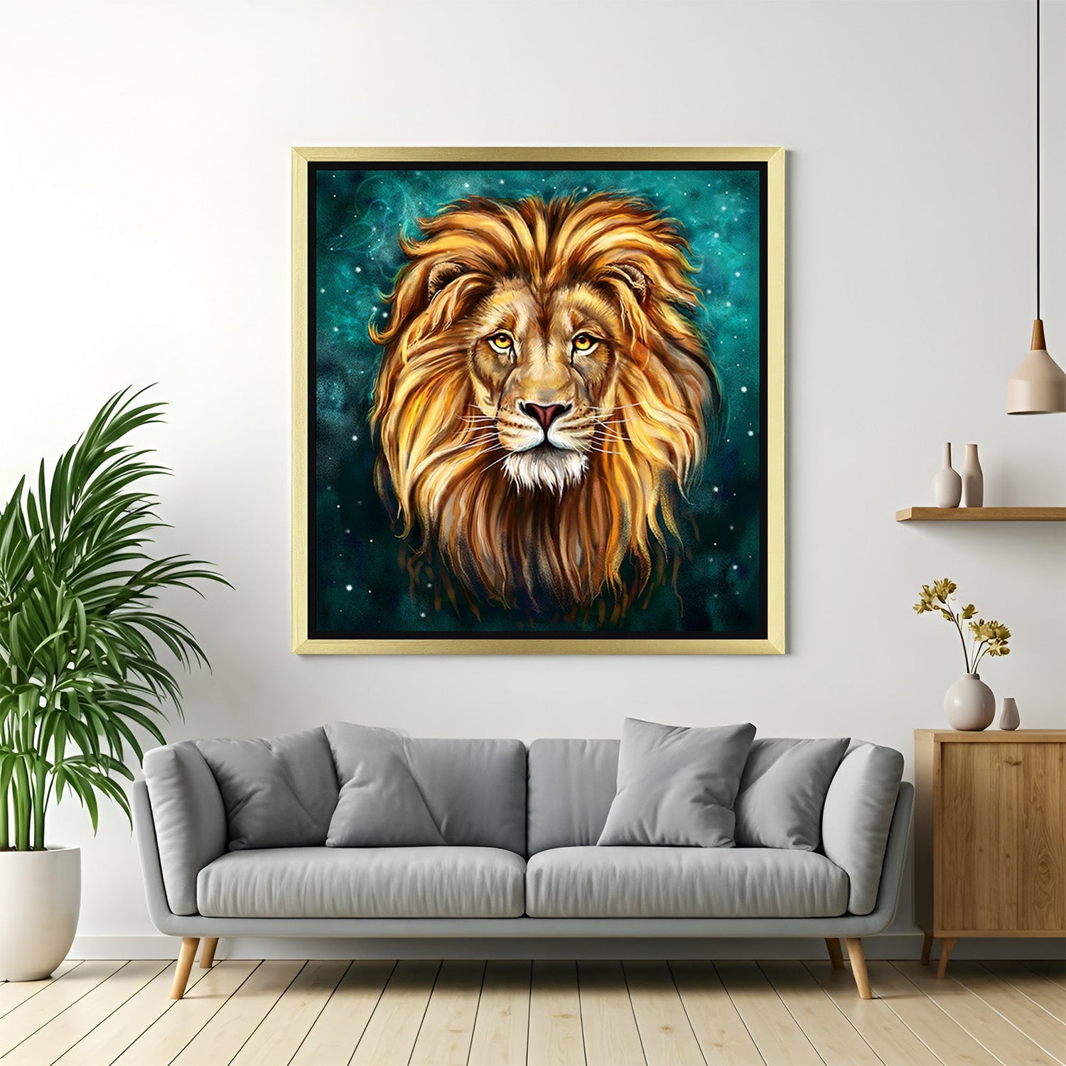 Magical lion canvas in golden frame with artistic fantasy-style backdrop, designed to elevate modern interiors with power and charm