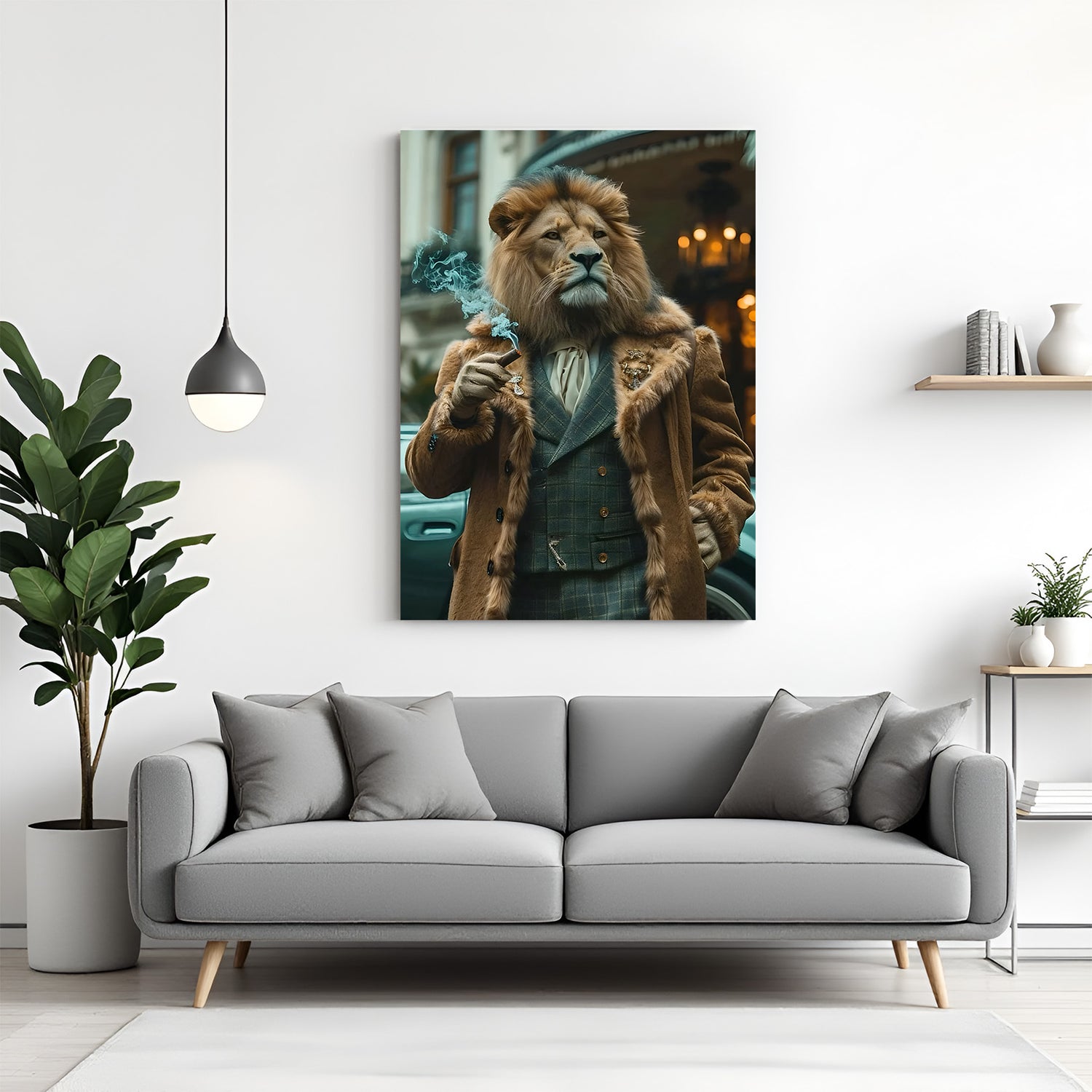 Fusion canvas wall art of lion head on human body smoking cigar
