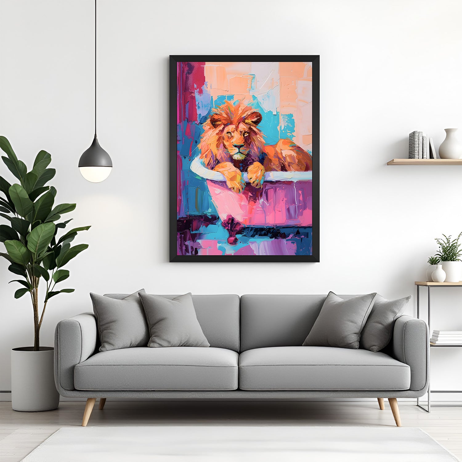 Lion in bathtub wall art with black floater frame, vibrant and quirky canvas for stylish living or creative spaces