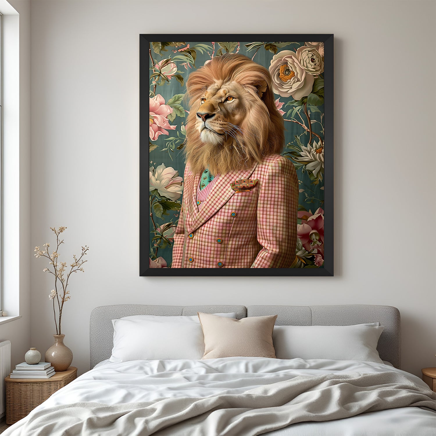 Lion in suit canvas painting with black floater frame, ideal for adding powerful style and bold sophistication to modern home or office decor
