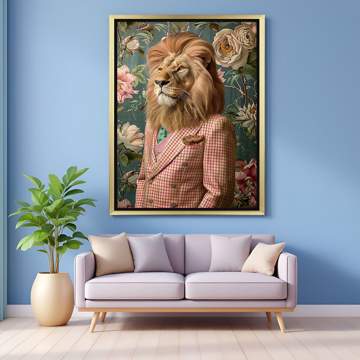 Golden frame canvas art of lion in checkered suit, a unique and classy animal decor piece for fashionable and personality-filled interiors