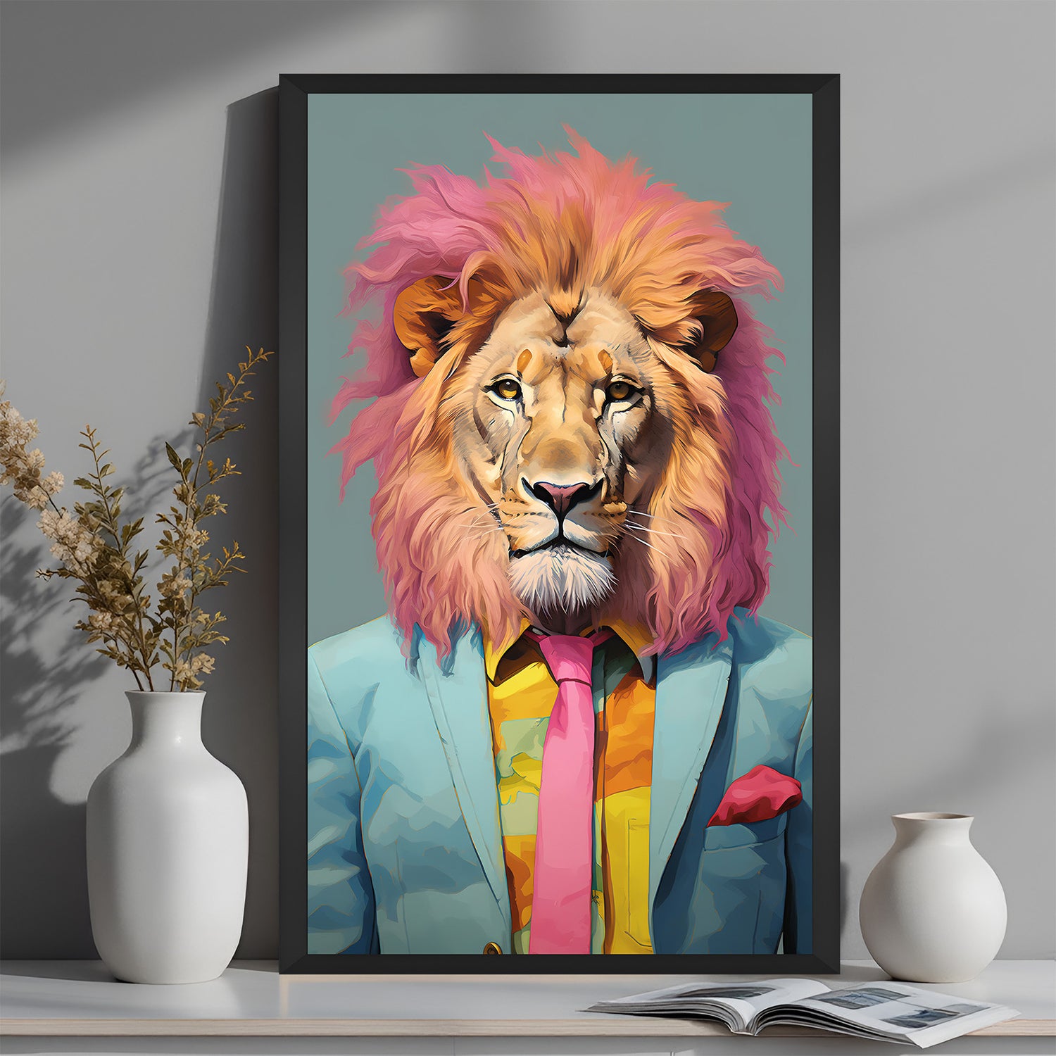 Powerful lion in suit canvas in black floater frame, ideal for executive offices and bold leadership-themed decor