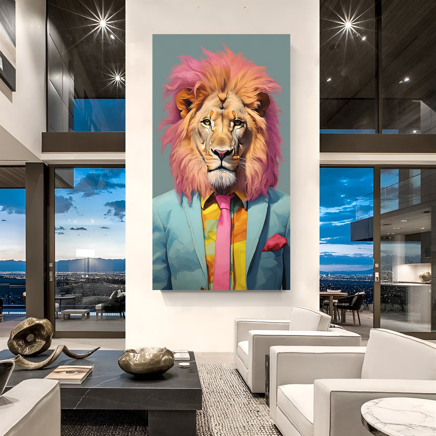 Lion head on human body wearing a suit, symbolizing leadership and decision-making power, canvas wall art perfect for office spaces