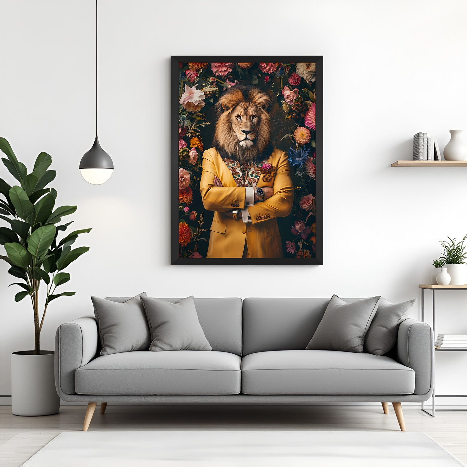 Bold lion in blazer canvas painting in black floater frame, ideal for statement office walls or powerful executive spaces