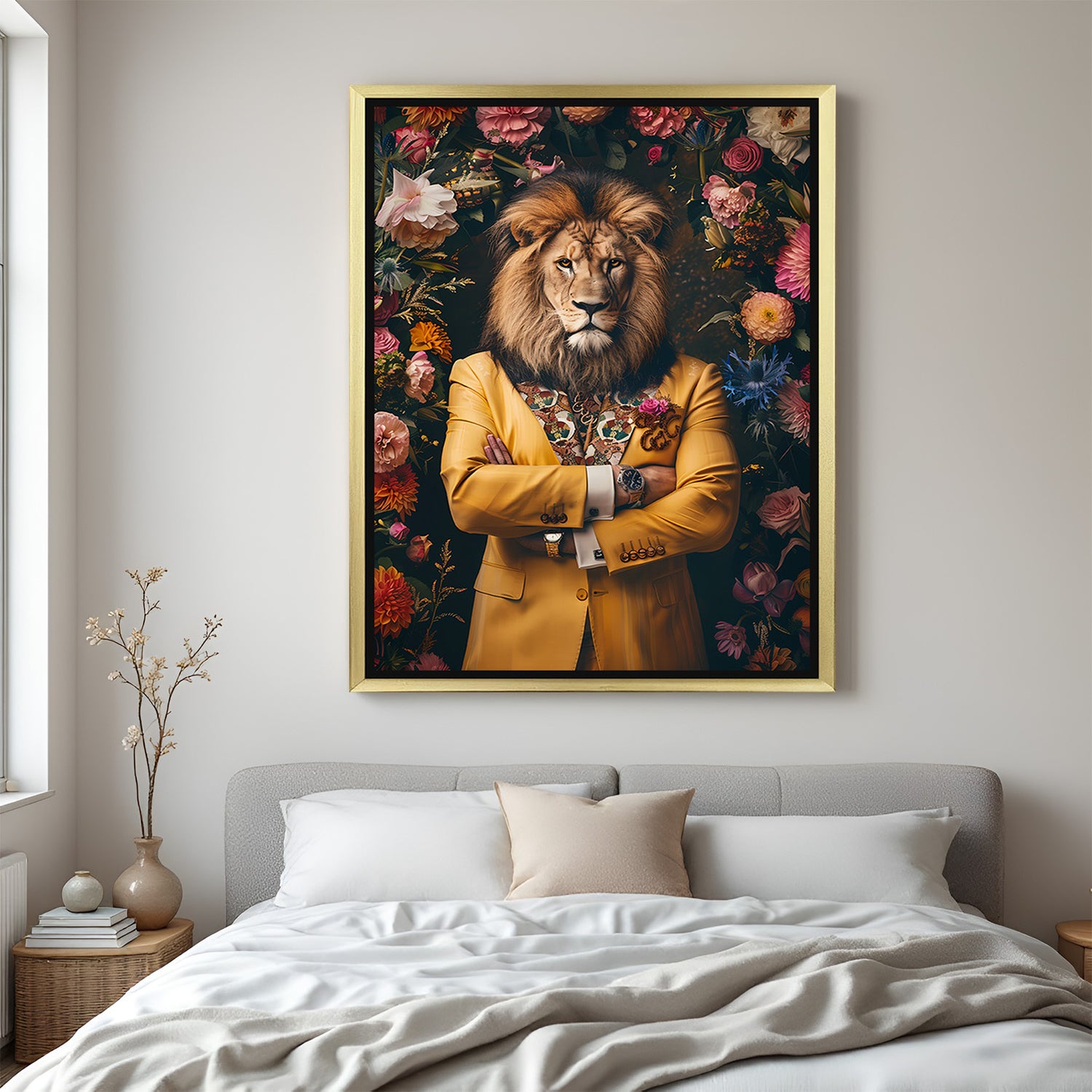 Lion wearing yellow blazer and watch in golden frame canvas art, a royal and fearless decor piece for modern interiors showing strength and control