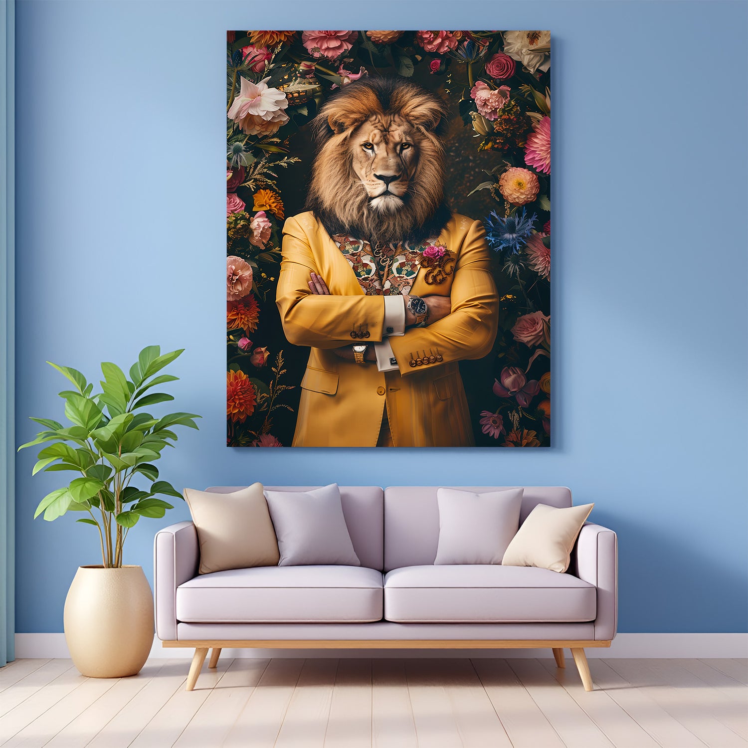 Canvas wall art of a lion in yellow blazer and watch with crossed arms, symbolizing power, leadership, and royalty for bold modern office decor