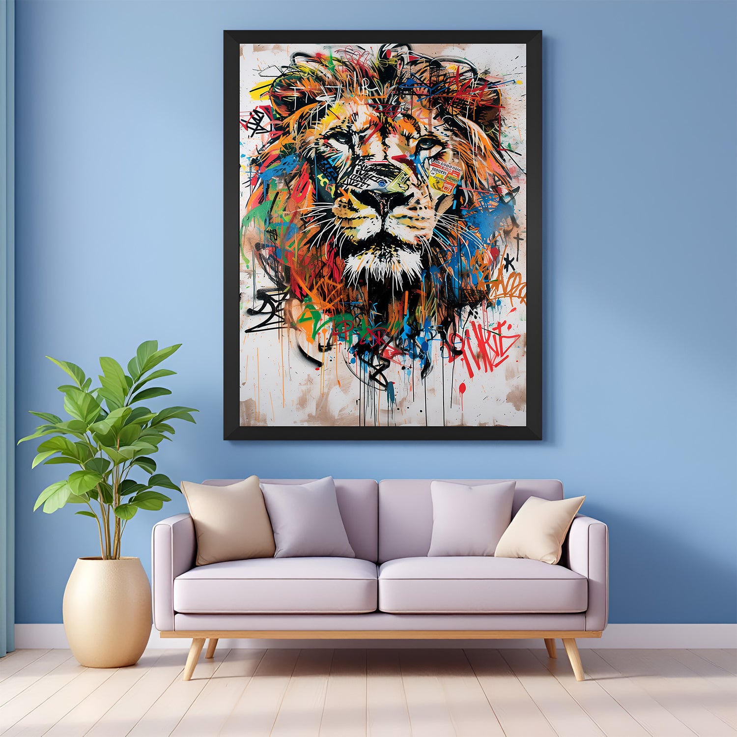 Black-framed lion king graffiti wall art in bold modern style—perfect for street-art inspired homes, masculine rooms, and urban workspaces