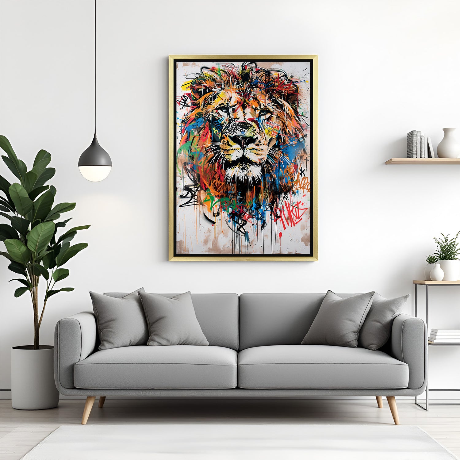 Golden-framed modern canvas of lion king in graffiti style—vibrant and fierce wall decor for edgy interiors and confident decor lovers