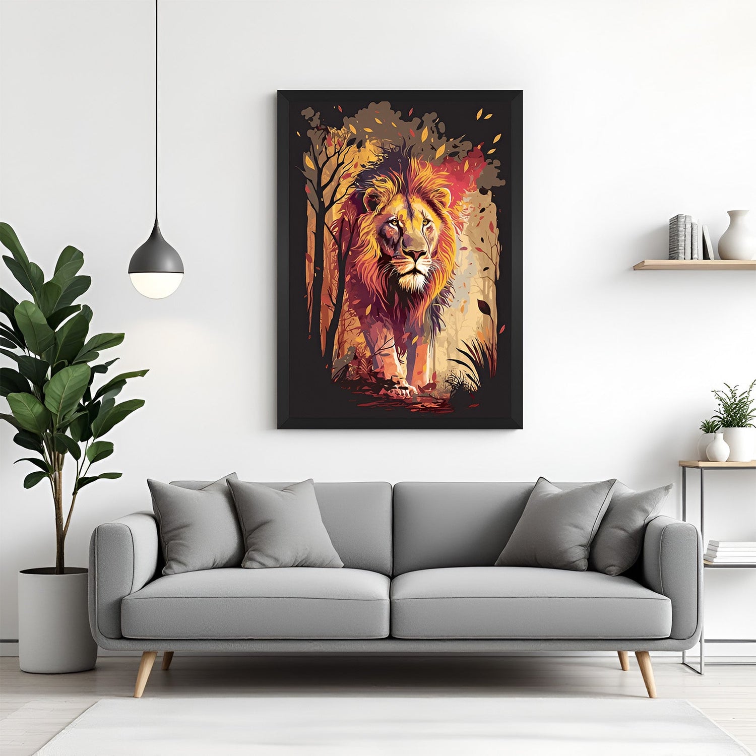 Bold lion canvas with black floater frame, ideal for offices and home interiors seeking powerful, motivational animal wall art