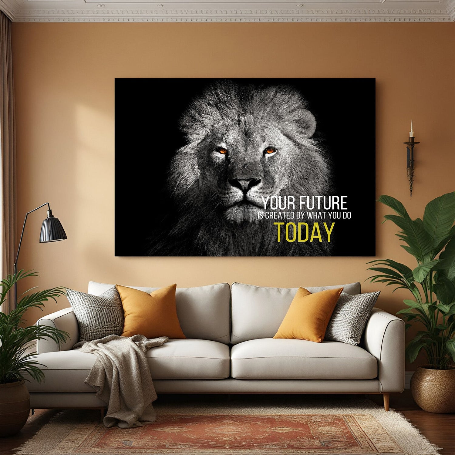 Lion Motivational Canvas Wall Art with quote Your future is created by what you do today for home and office decor