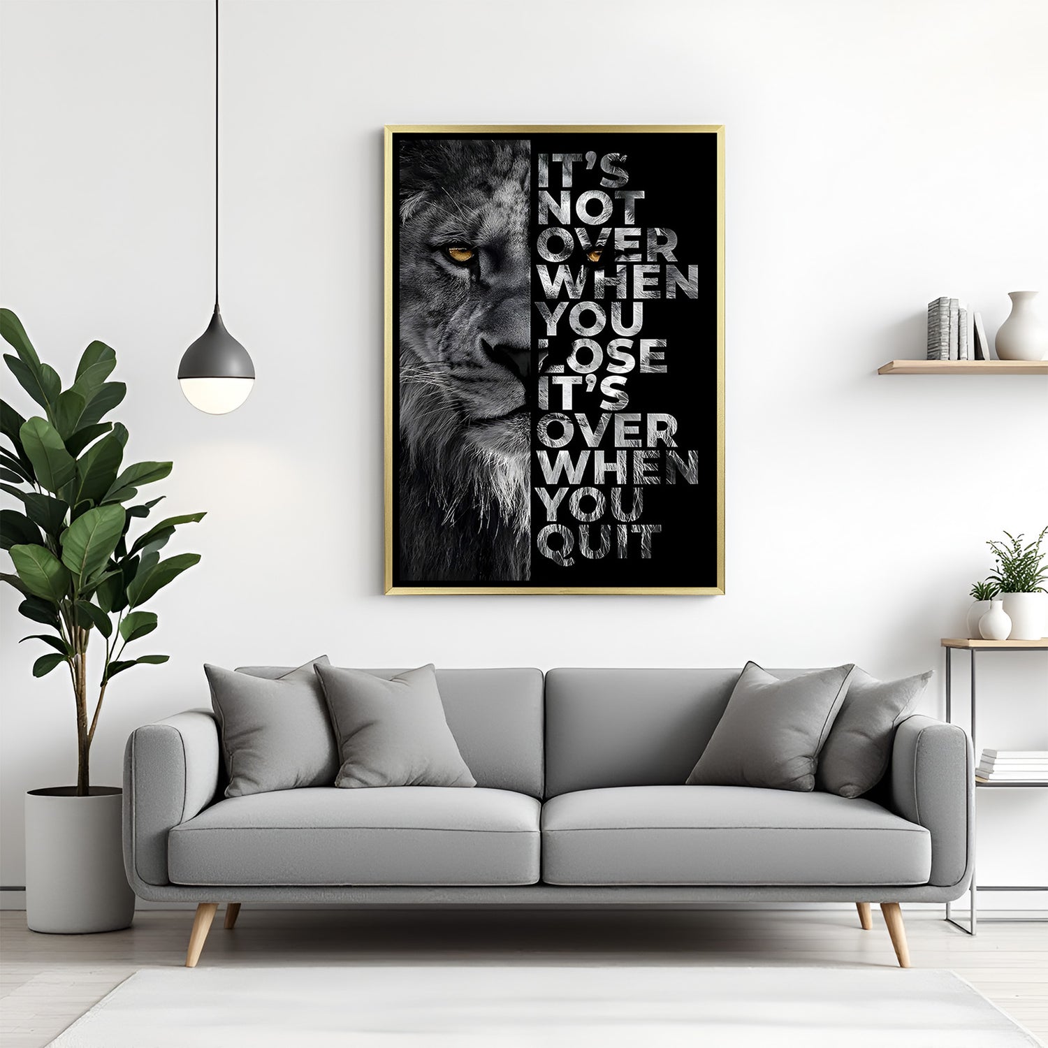 Lion inspirational artwork in golden floater frame luxury motivational wall painting decor