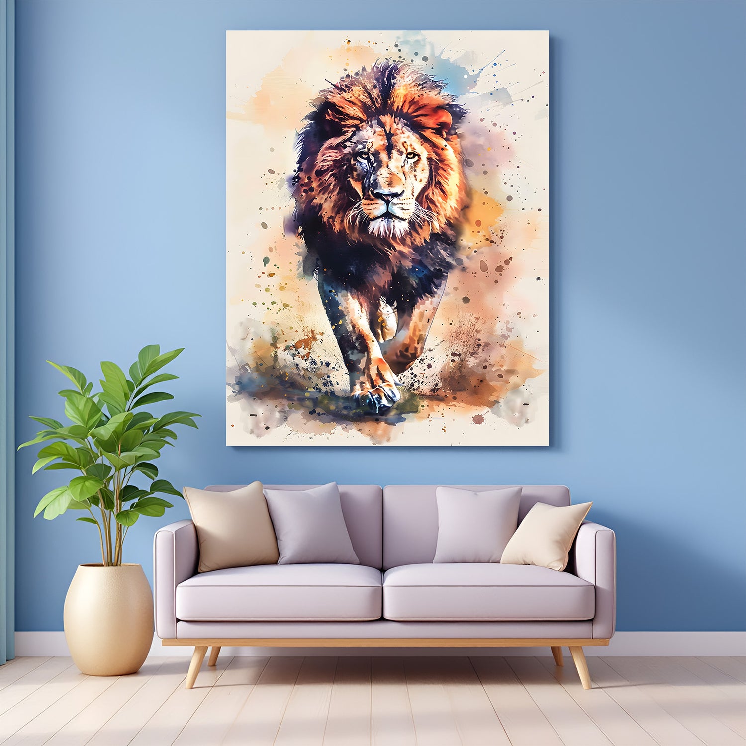 Canvas wall art of a lion in brush-painted artistic style, perfect for modern decor that blends animal strength with creative expression