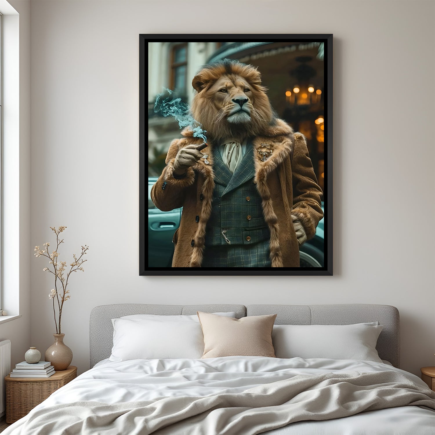 Lion fusion wall painting in black floater frame with cool modern vibe