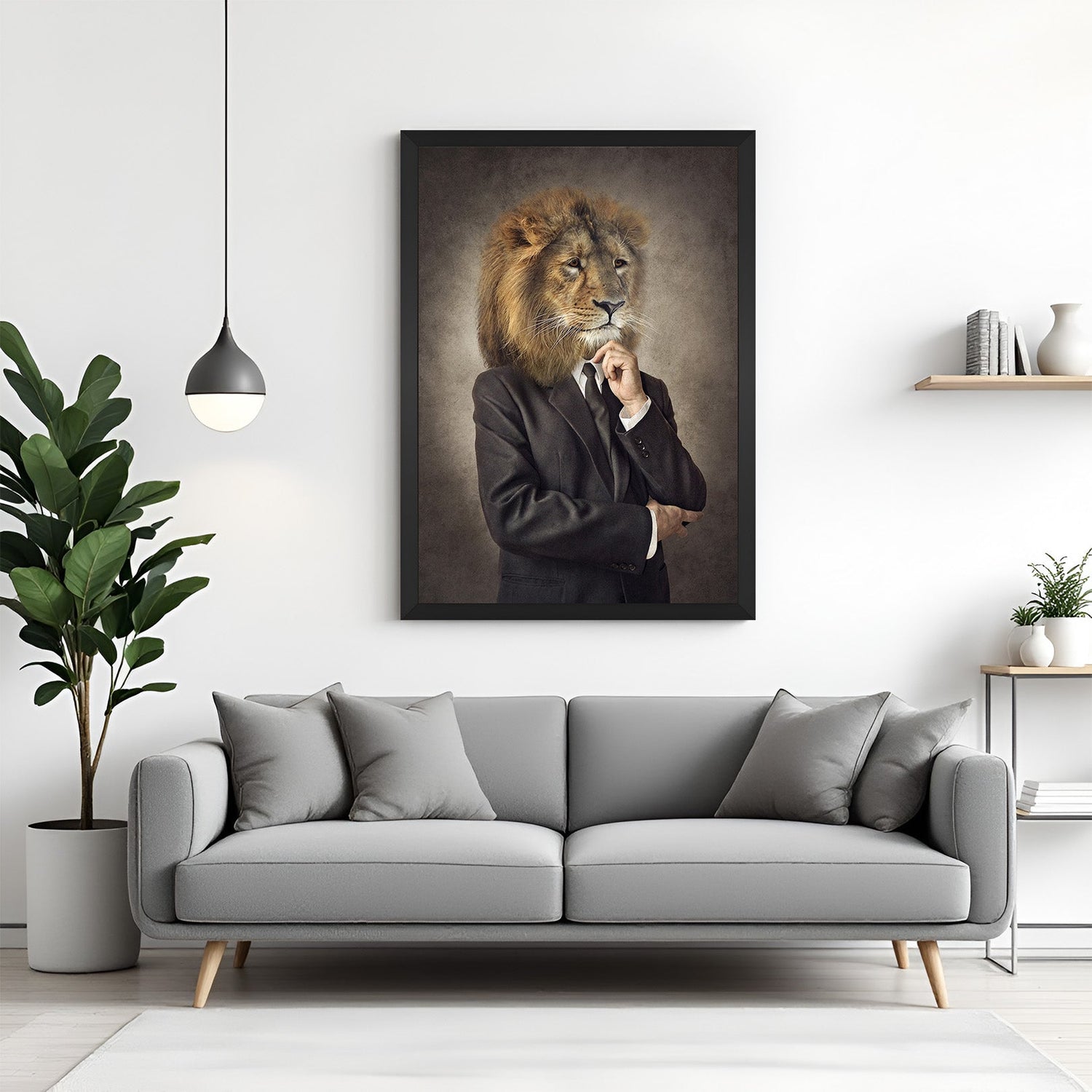 Bold lion wall art in black floater frame, business suit style ideal for executive offices, cabins, or modern workspaces with ambition