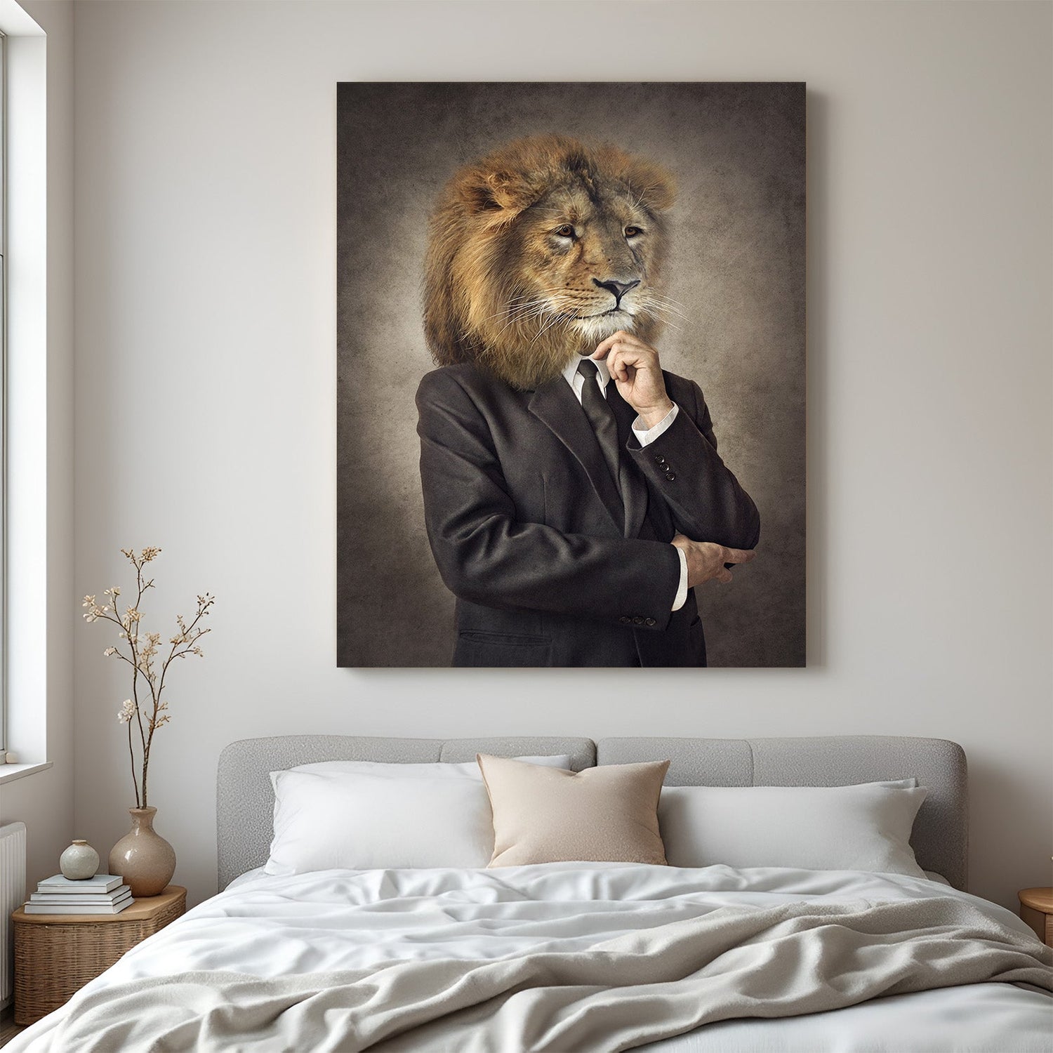 Lion canvas painting in business suit, symbolizing strength and leadership—perfect for bold office interiors and power-driven wall decor