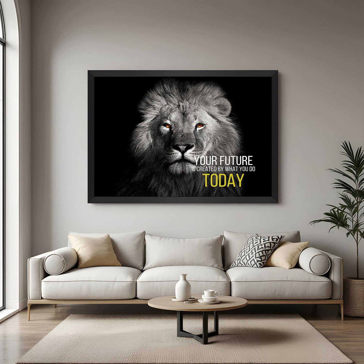 Lion Motivational Canvas Wall Art with Black Floater Frame featuring Your future is created by what you do today quote