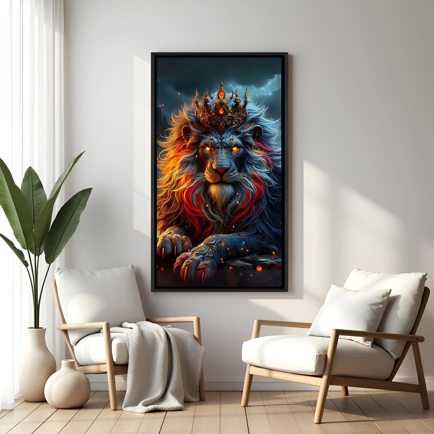 Lion canvas wall art in black floater frame – royal crown artwork
