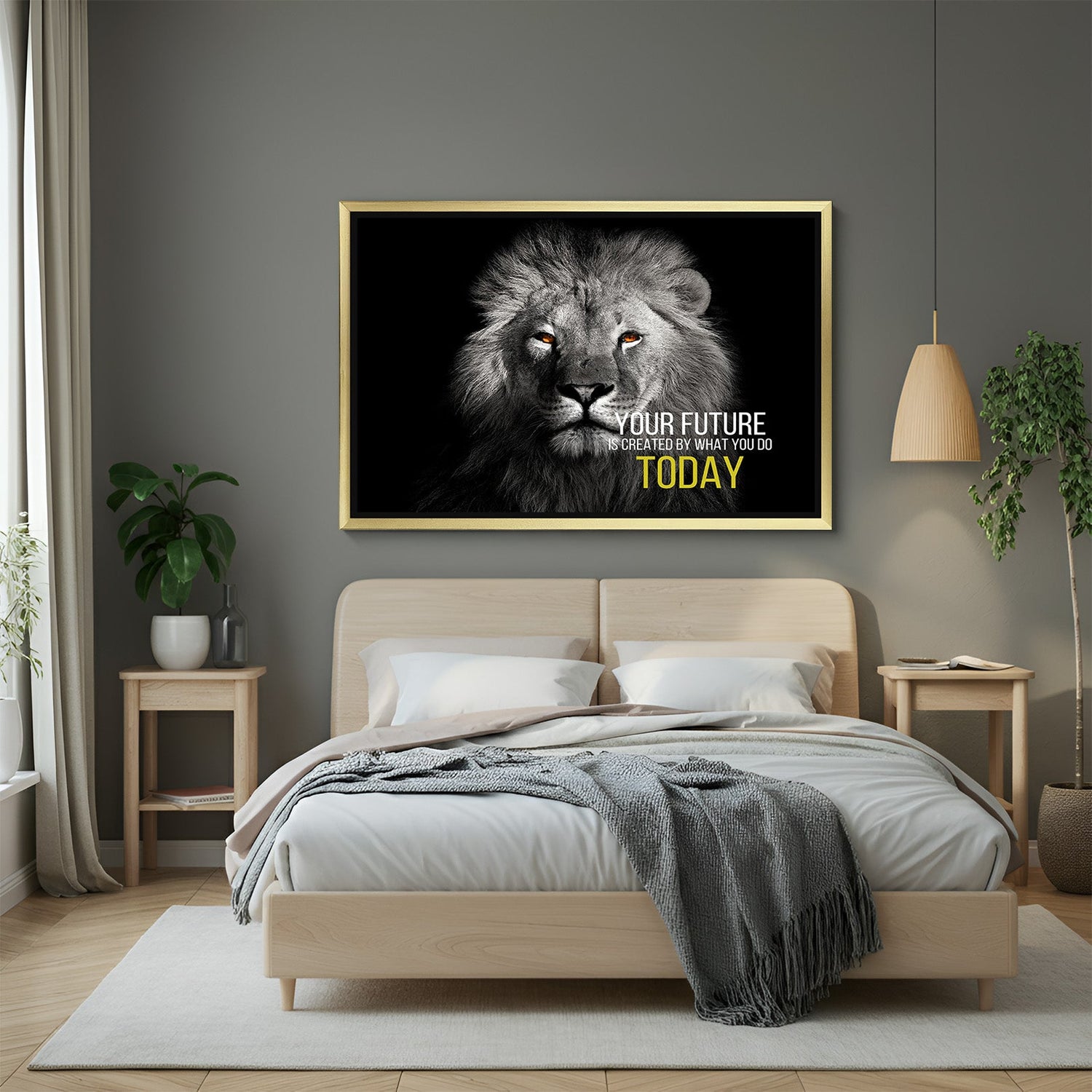 Lion Motivational Canvas Wall Art with Golden Floater Frame and inspiring quote Your future is created by what you do today