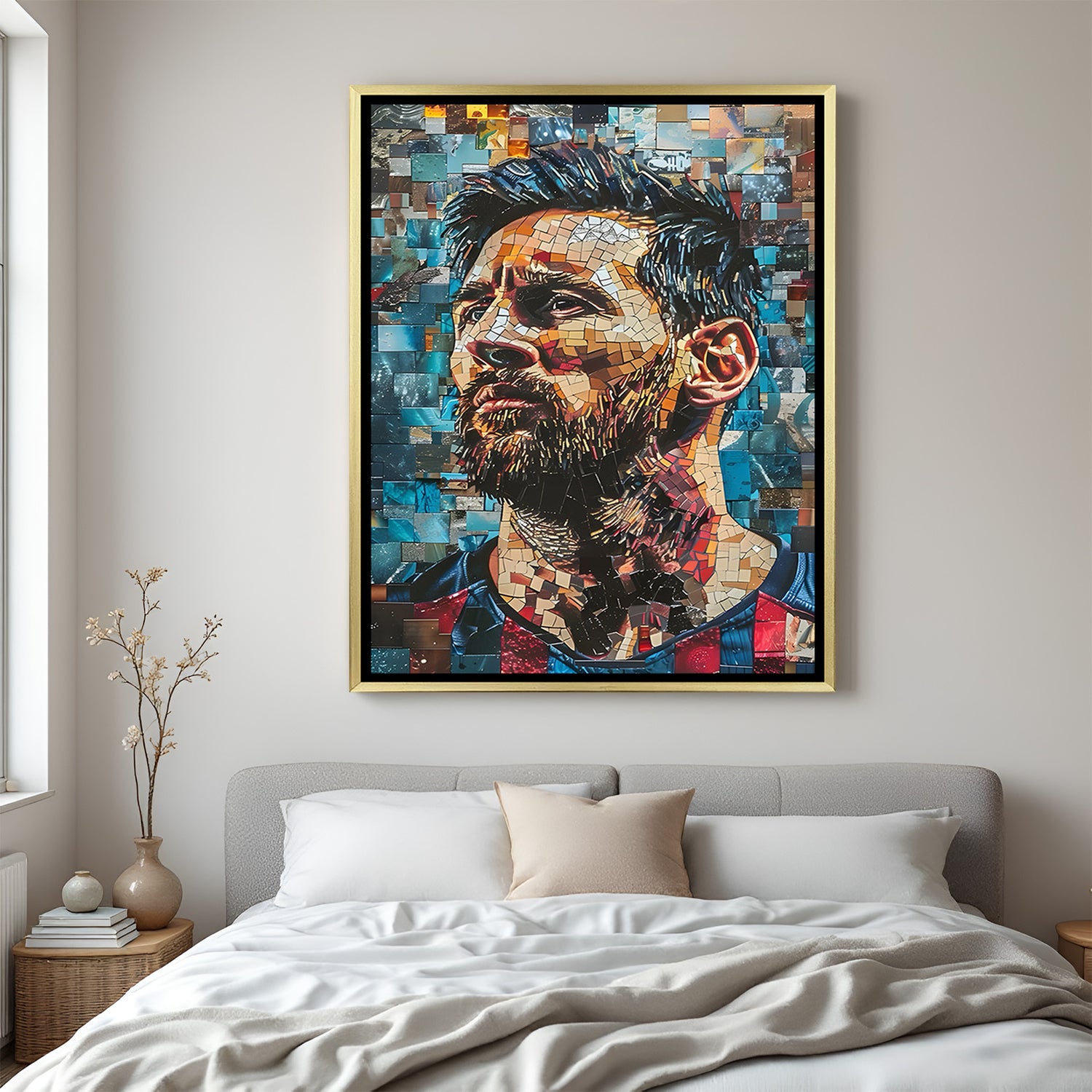 Lionel Messi painted style artwork in golden floater frame luxury football wall painting decor