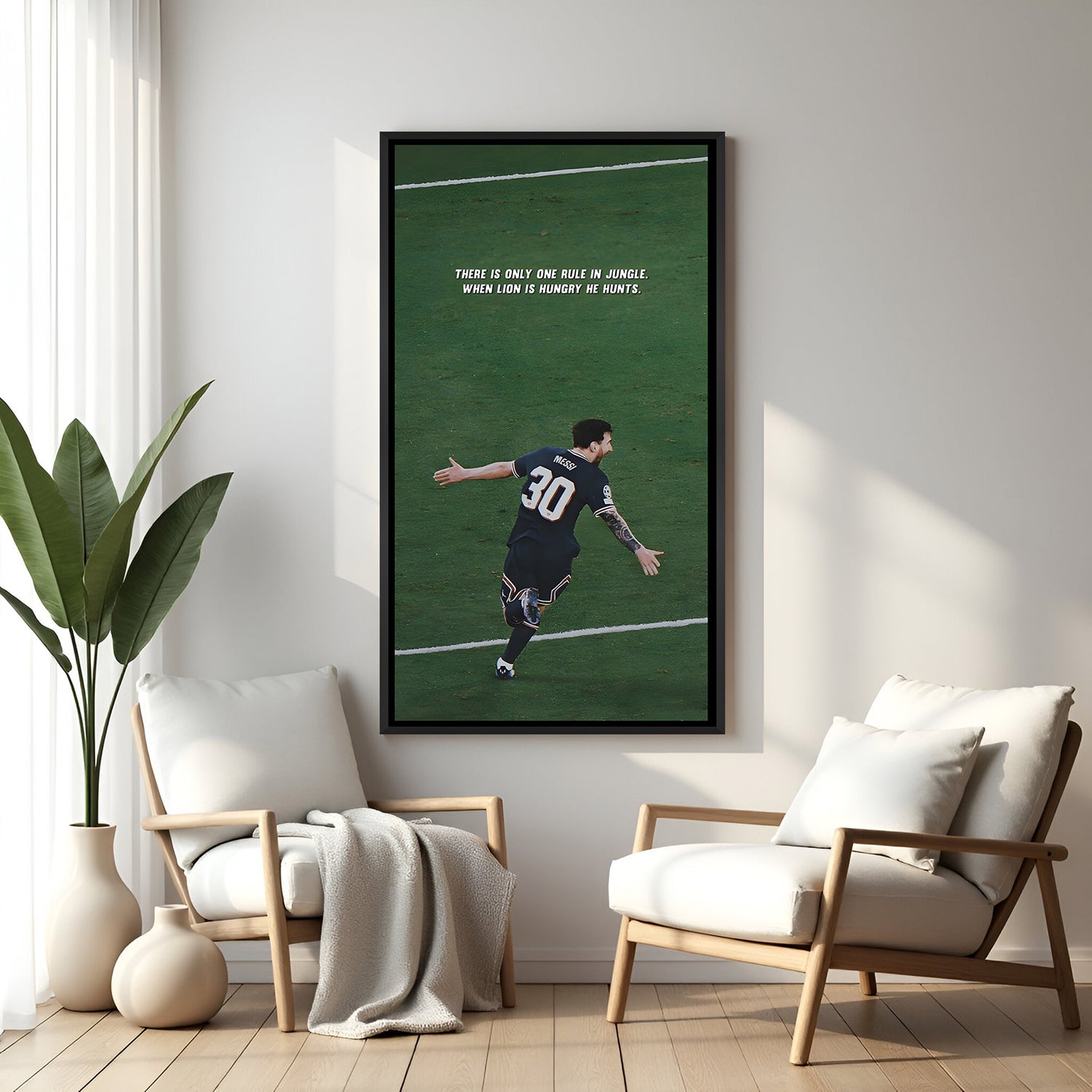 Messi motivational football wall art in black floater frame premium soccer canvas decor