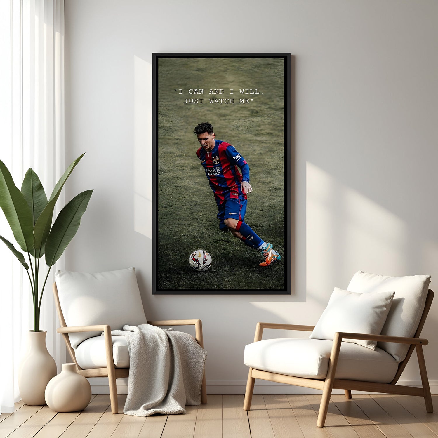 Messi motivational football wall art in black floater frame premium soccer canvas decor