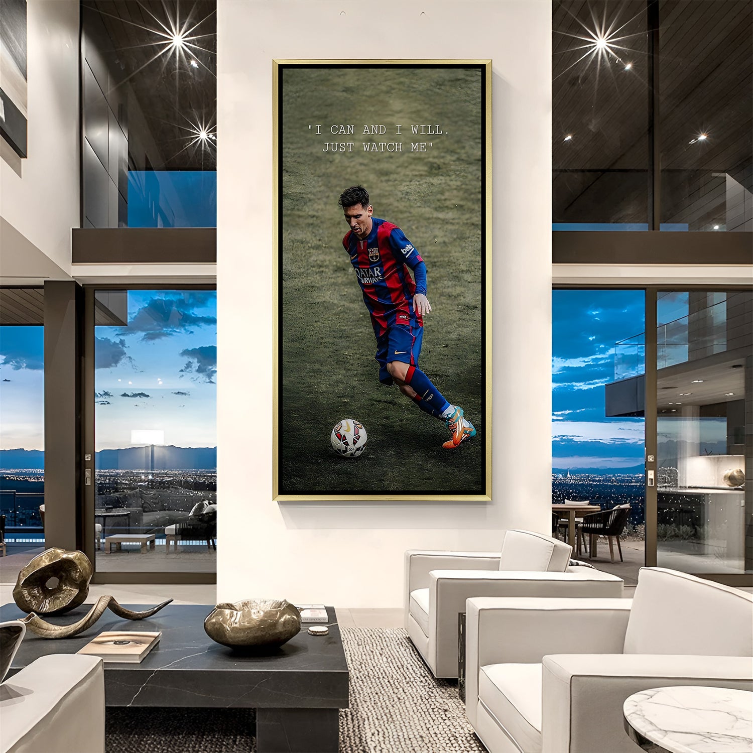 Lionel Messi inspirational football artwork in golden floater frame luxury sports wall painting decor