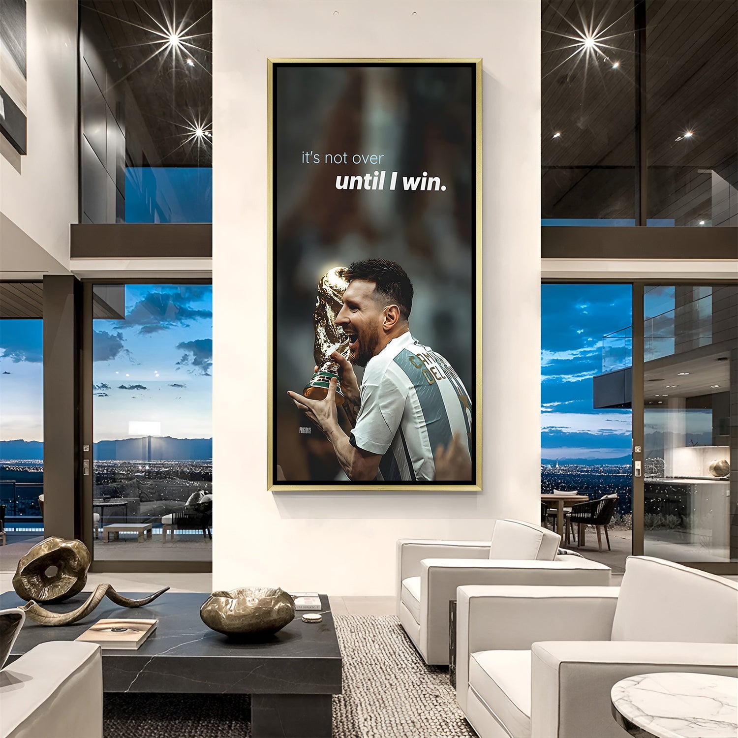 Lionel Messi inspirational football artwork in golden floater frame luxury sports wall painting decor
