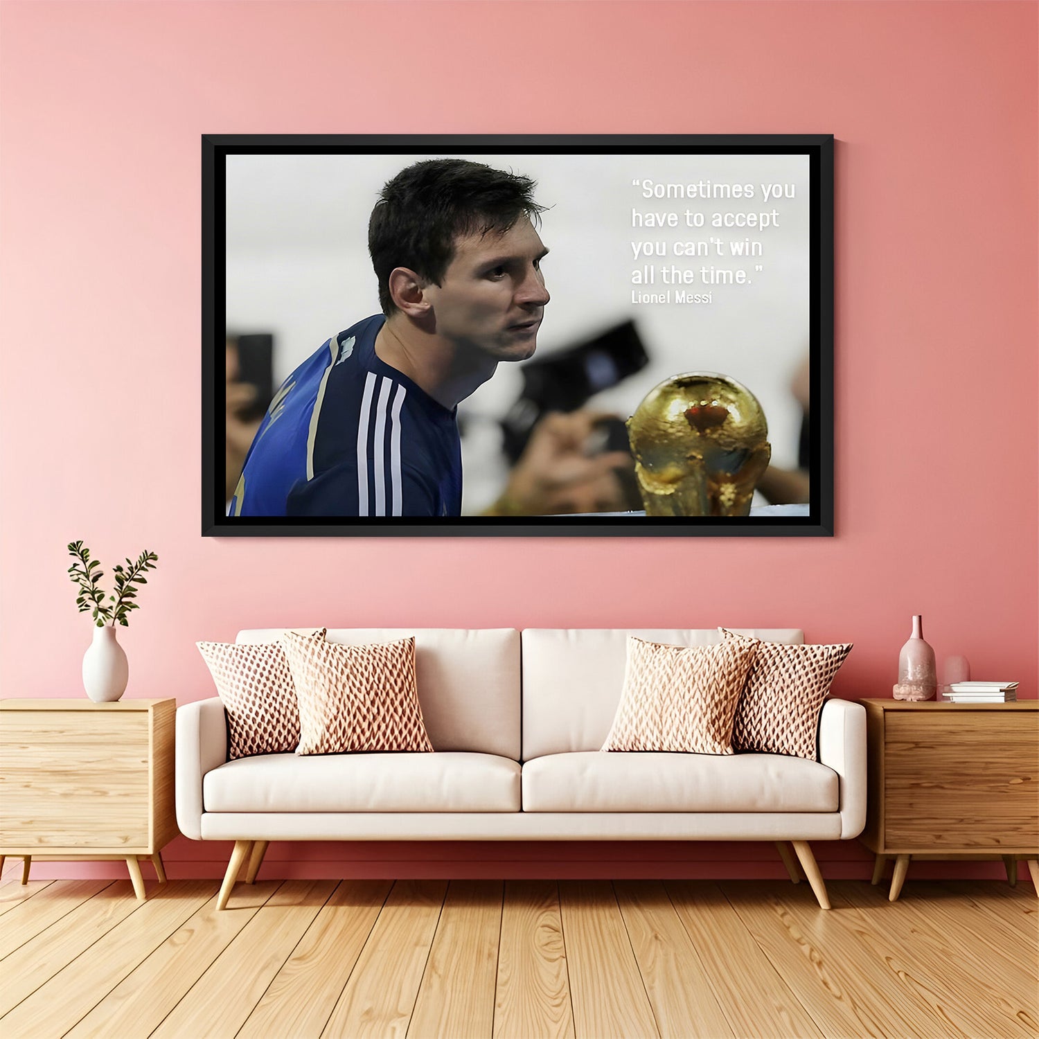 Messi motivational football wall art in black floater frame premium soccer canvas decor