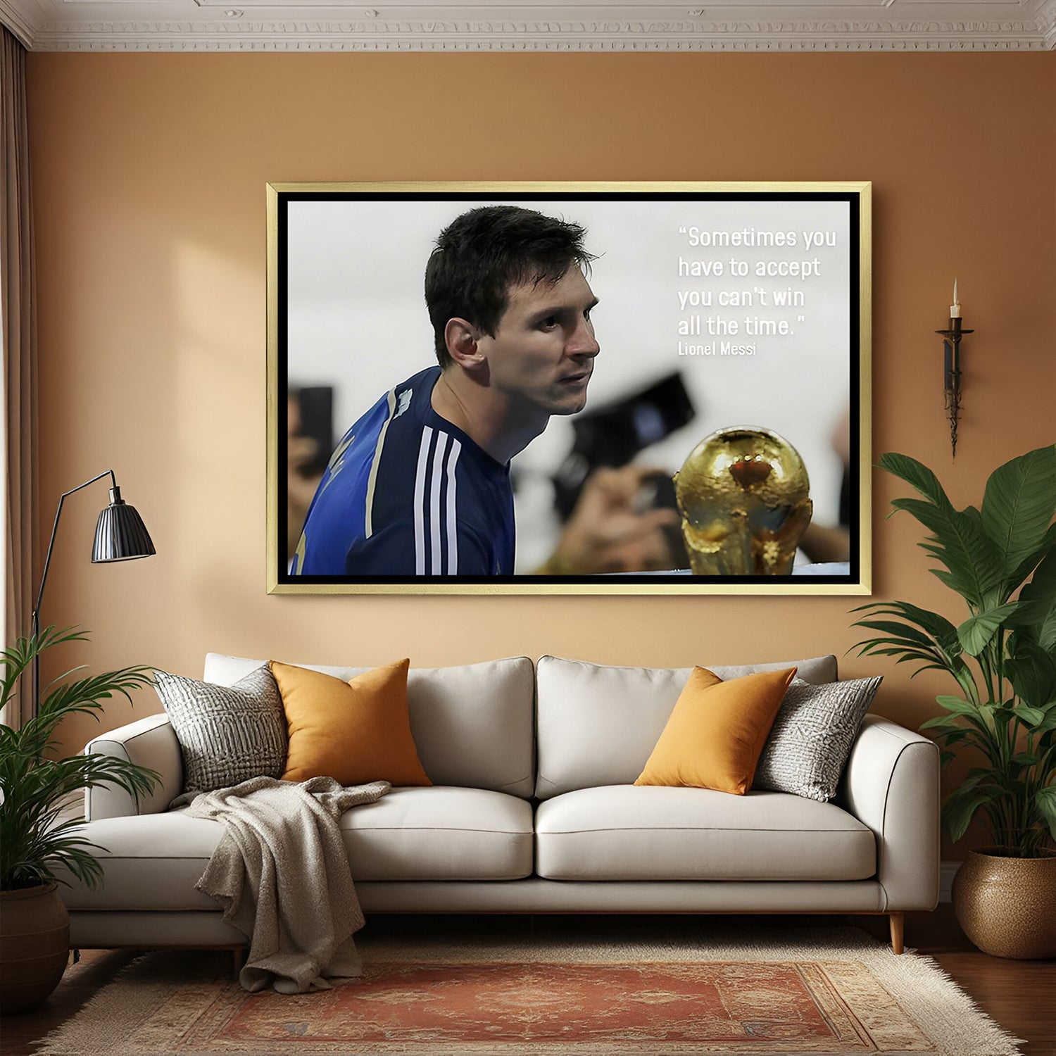 Lionel Messi inspirational football artwork in golden floater frame luxury sports wall painting decor