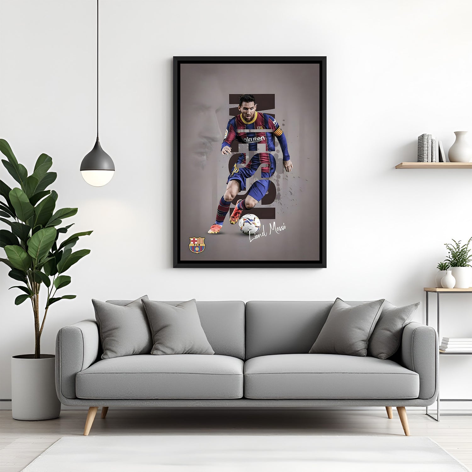Messi playing football wall art in black floater frame premium sports canvas decor