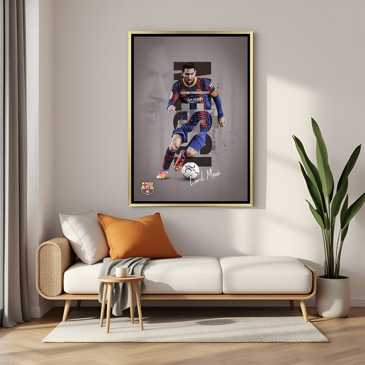 Lionel Messi soccer artwork in golden floater frame luxury football wall painting decor