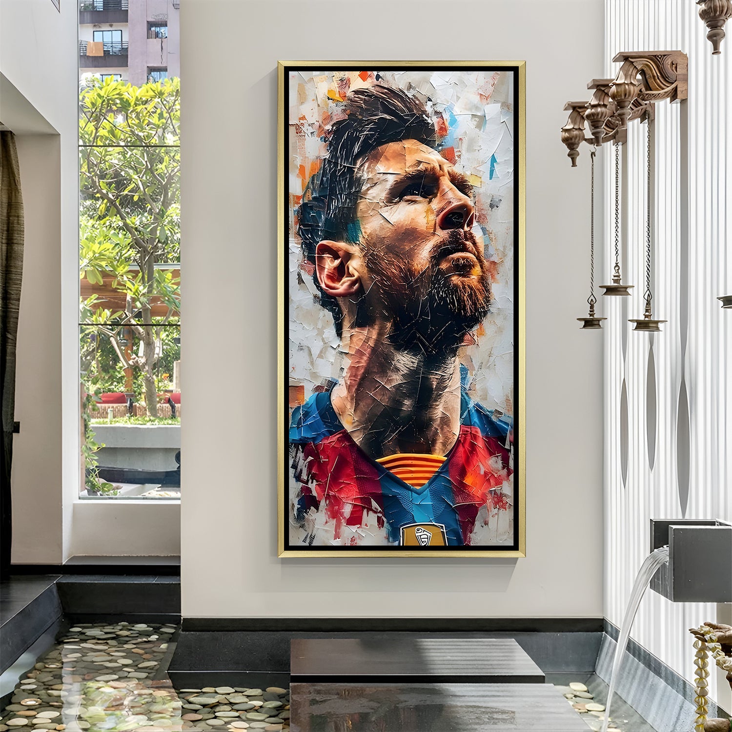 Lionel Messi motivational football artwork in golden floater frame luxury sports wall painting