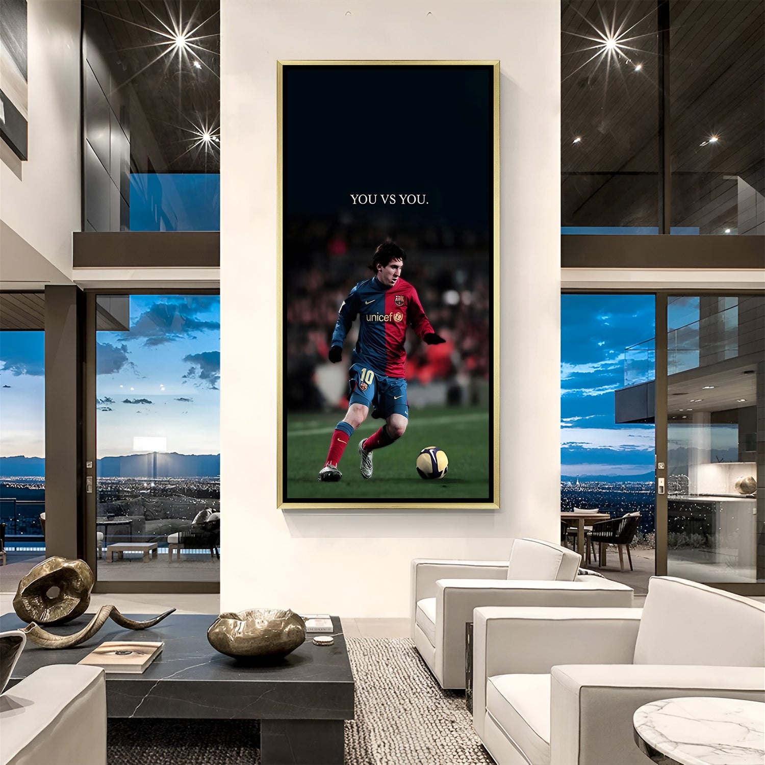 Lionel Messi inspirational football artwork in golden floater frame luxury sports wall painting decor