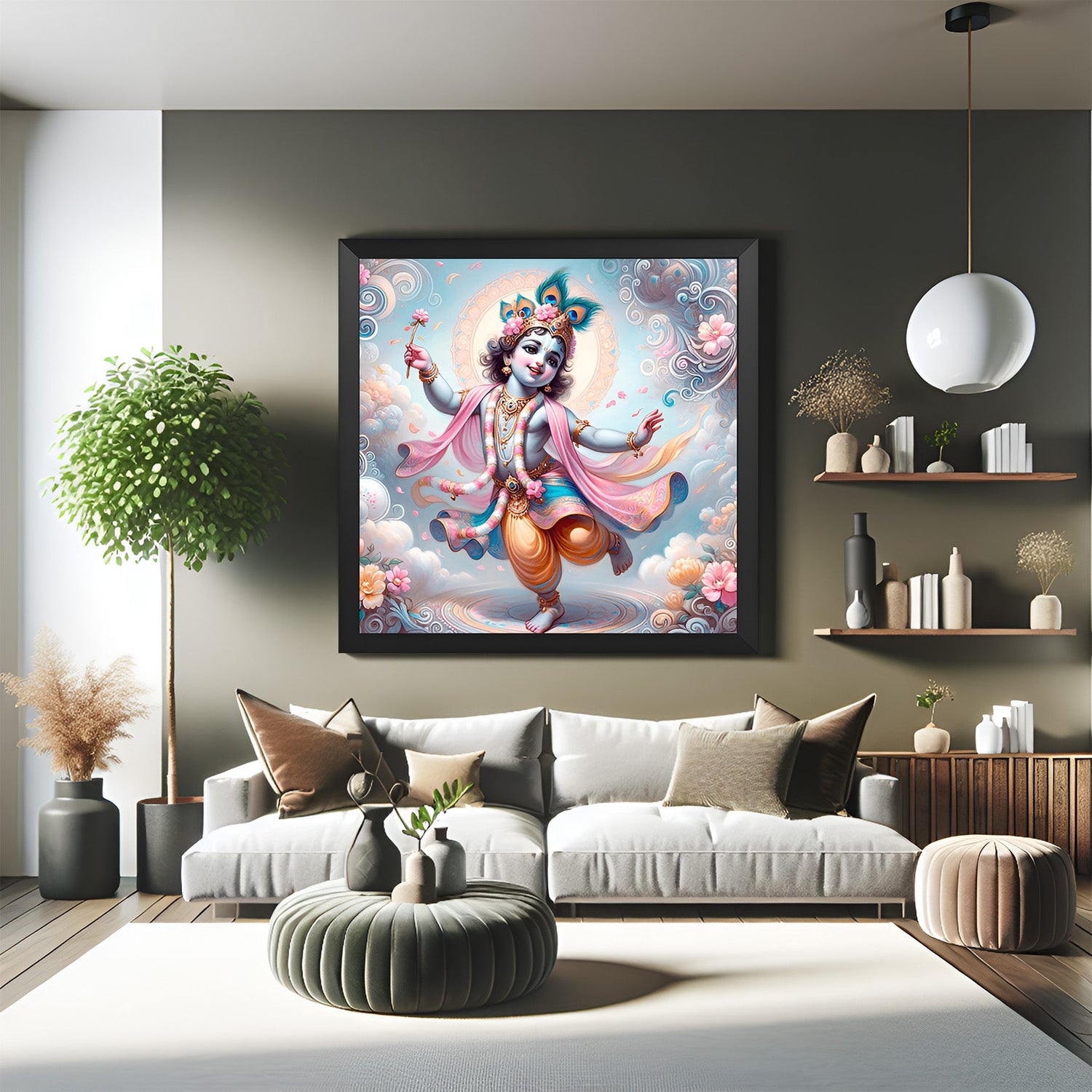 Bal Krishna Vastu wall art in black floater frame, ideal for home decor and spiritual harmony, enhancing joy and divine protection