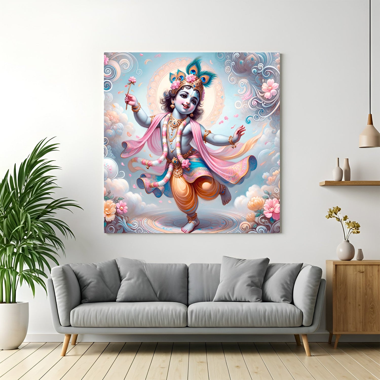 Little Krishna Vastu Canvas Painting for home and bedroom wall decor, symbolizing peace, positivity, and divine spiritual energy through playful grace