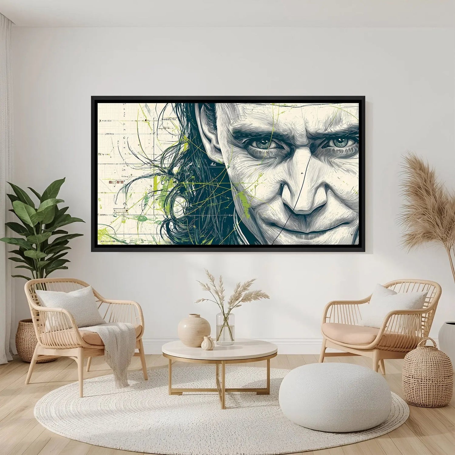 Loki God of Mischief Half Face wall painting in black floater frame with cinematic character portrait artwork