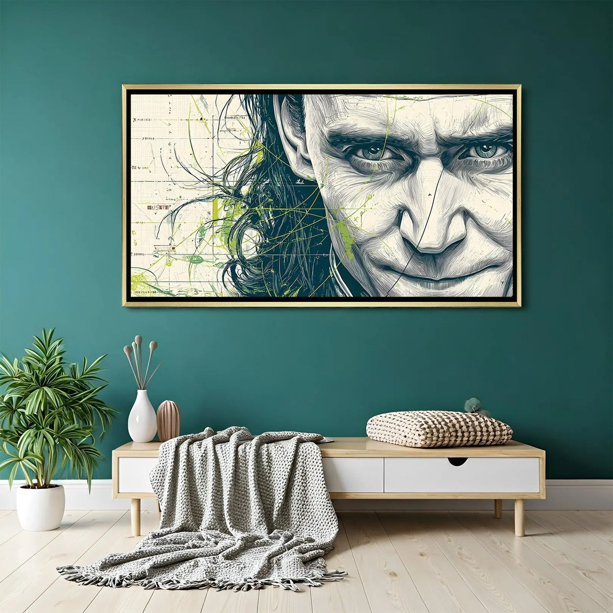 Loki God of Mischief Half Face artwork in luxury golden floater frame featuring intense half-face character design