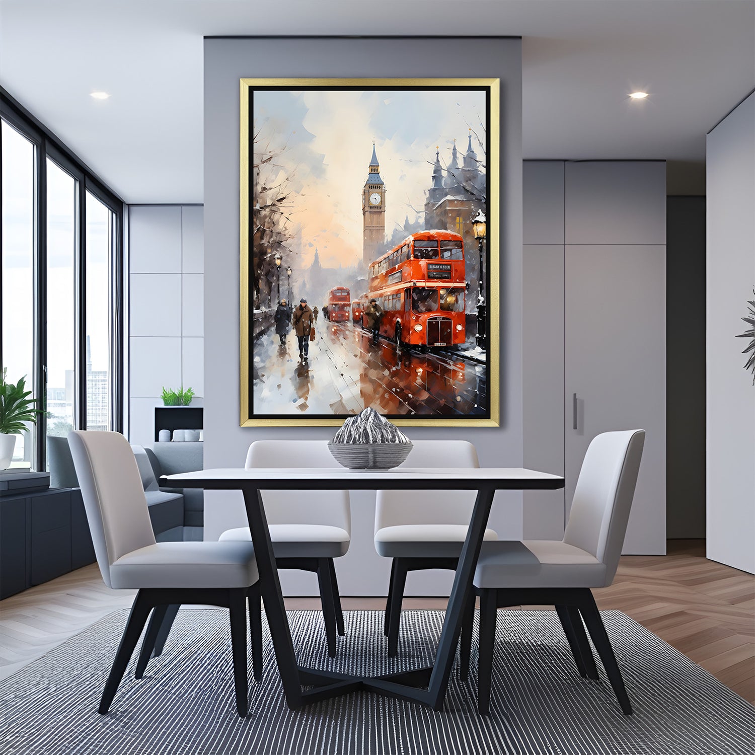 Hand-painted canvas wall art of London street view with Big Ben in winter in golden floater frame
