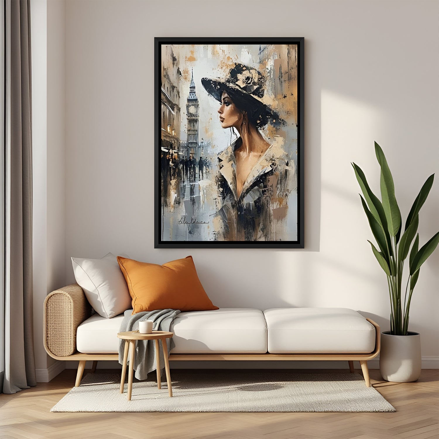 London chic woman wall painting in sleek black floater frame for premium contemporary decor