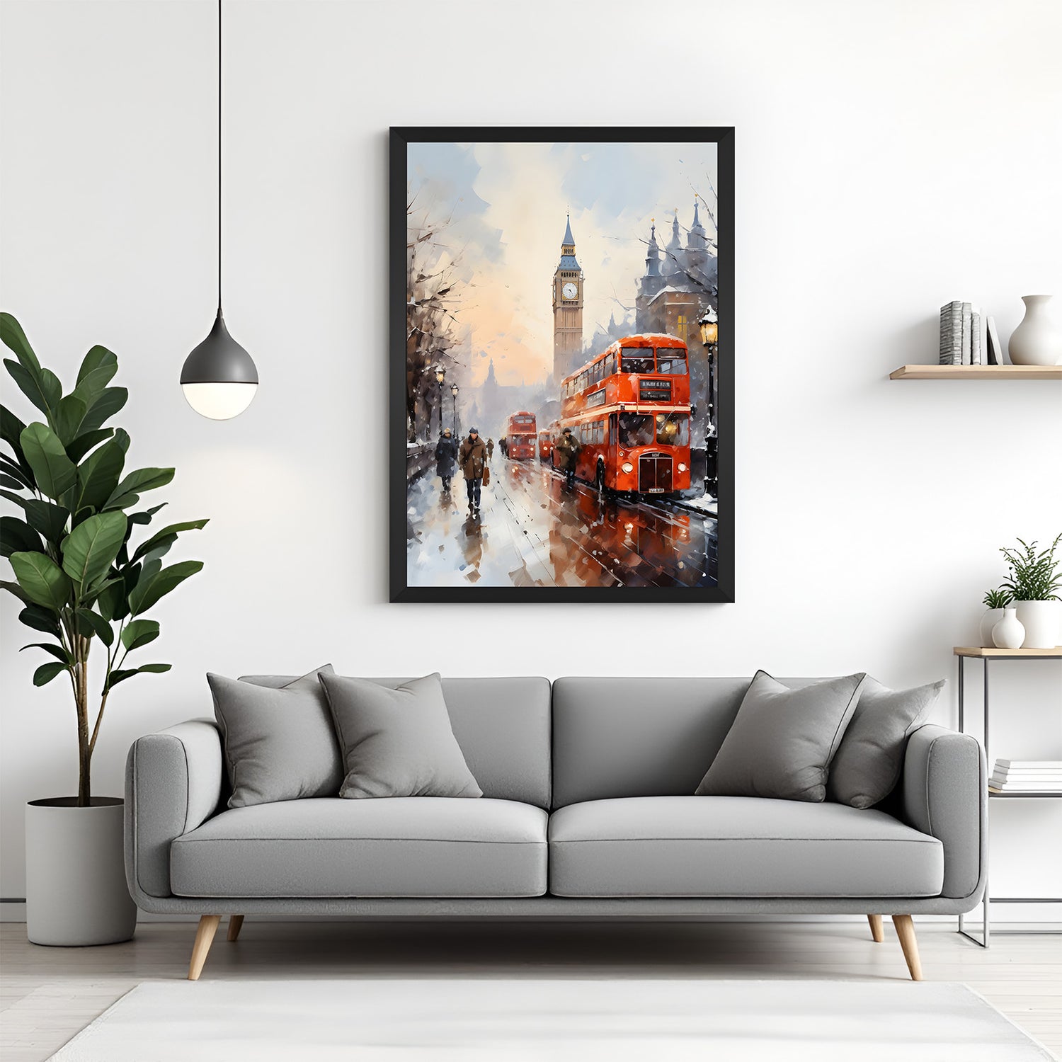 Black-framed canvas printed wall art of snowy London street—vintage Big Ben scene with double-decker bus