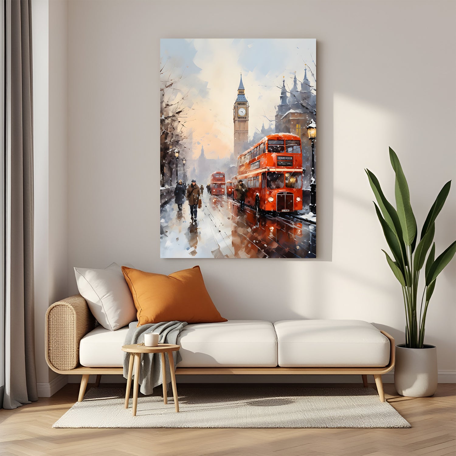 Vintage canvas art of London street in winter with Big Ben and double-decker bus—ancient-style city wall art