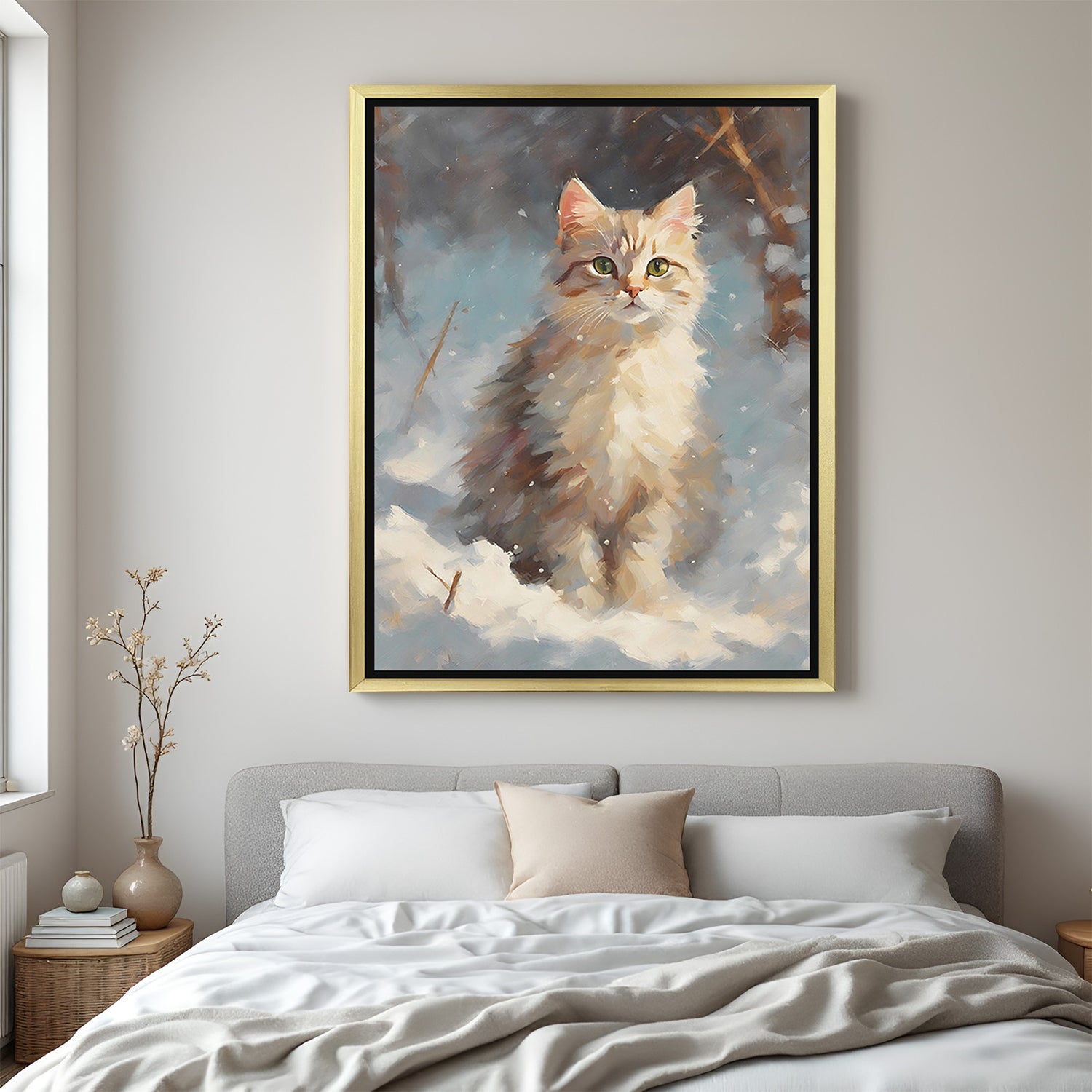 Cat in winter wall art with golden floater frame, expressive snowy landscape artwork for thoughtful and soulful decor