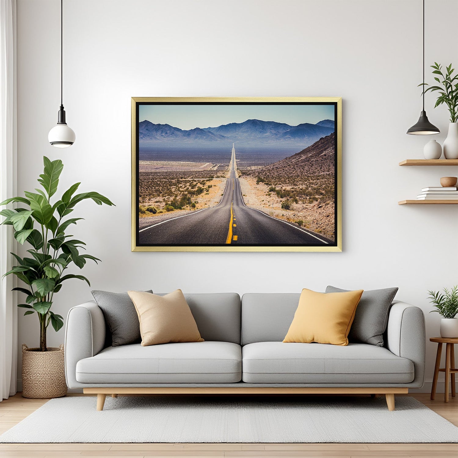 Long road canvas print with desert surroundings, beautifully framed in golden floater for rustic, warm, and adventurous home decor