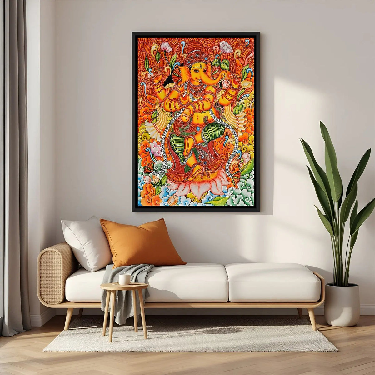 Lord Ganesha Kerala mural wall painting in elegant black floater frame for spiritual interiors
